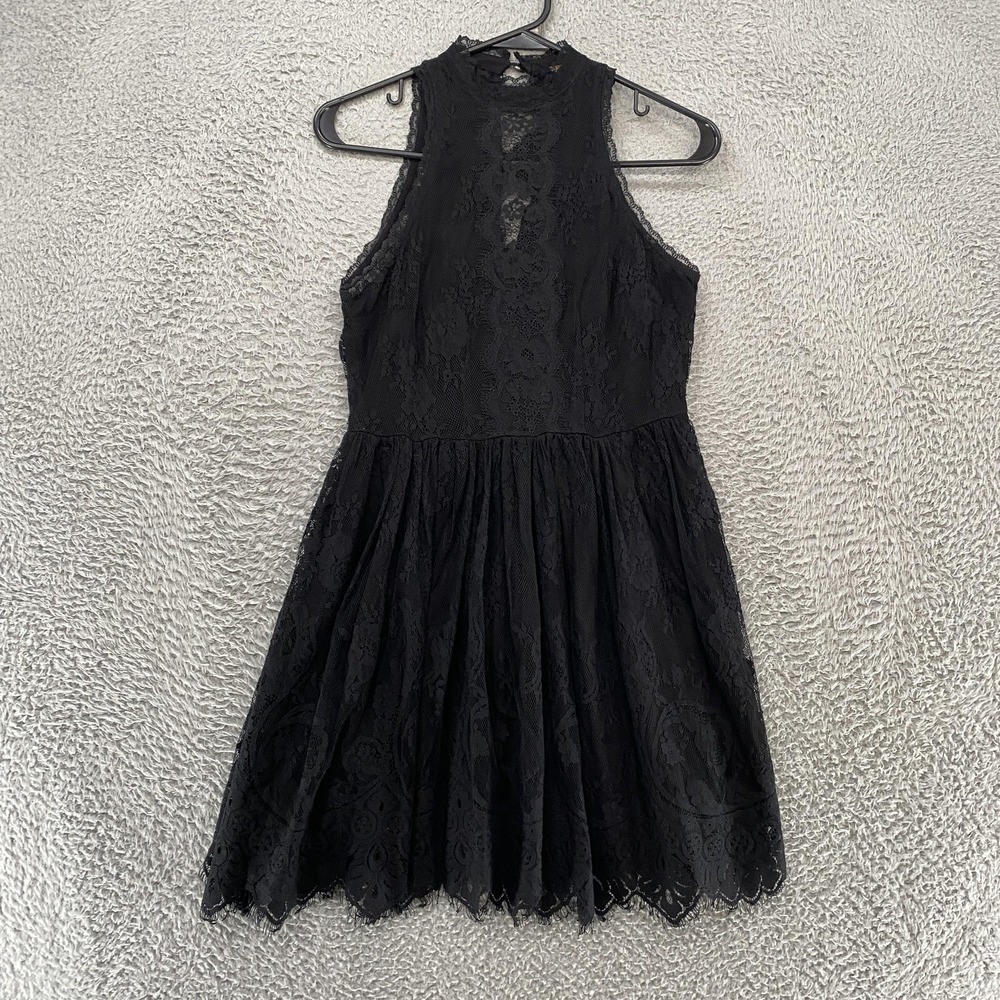 Free People Lace Dress Womens 2 Black Fit Flare High Neck Whimsigoth Edwardian‎